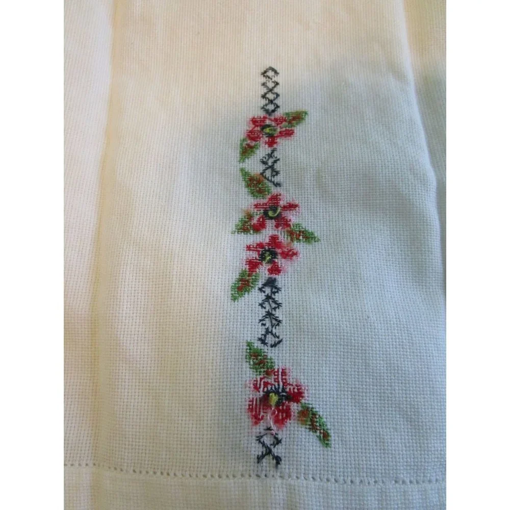 Vintage Hand Embroidered Guest Tea Hand Towels Pink Red Floral Minor Age Stains